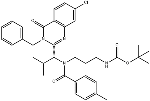 Carbamic acid, [3-[[(1R)-1-[7-chloro-3,4-dihydro-4-oxo-3-(phenylmethyl)-2-quinazolinyl]- 2-methylpropyl](4-methylbenzoyl)amino]propyl]-, 1,1-dimethylethyl ester Structure