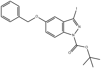 1H-인다졸-1-카르복실산,3-요오도-5-(페닐메톡시)-,1,1-디메틸에틸에스테르 구조식 이미지