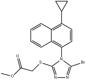 Methyl 2-(5-broMo-4-(4-cyclopropylnaphthalen-1-yl)-4H-1,2,4-triazol-3-ylthio)acetate 구조식 이미지