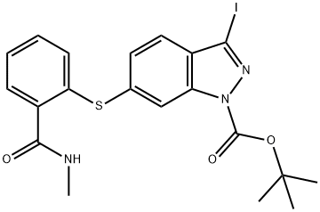 3-iodo-6-(2-(MethylcarbaMoyl)phenylthio)-1H-1-Boc-indazole 구조식 이미지