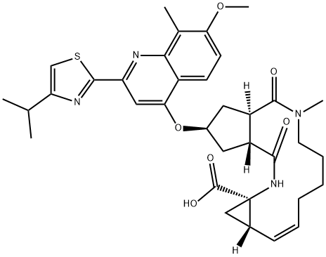 Cyclopenta[c]cyclopropa[g][1,6]diazacyclotetradecine-12a(1H)-carboxylic acid, 2,3,3a,4,5,6,7,8,9,11a,12,13,14,14a-tetradecahydro-2-[[7-Methoxy-8-Methyl-2-[4-(1-Methylethyl)-2-thiazolyl]-4-quinolinyl]oxy]-5-Methyl-4,14-dioxo-, (2R,3aR,10Z,11aS,12aR,14aR)- 구조식 이미지