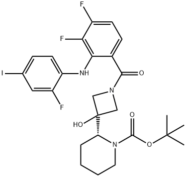 1-Piperidinecarboxylic acid, 2-[1-[3,4-difluoro-2-[(2-fluoro-4-iodophenyl)aMino]benzoyl]-3-hydroxy-3-azetidinyl]-, 1,1-diMethylethyl ester, (2R)- Structure