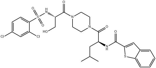 N-((S)-1-(4-((S)-2-(2,4-dichlorophenylsulfonaMido)-3-hydroxypropanoyl)piperazin-1-yl)-4-Methyl-1-oxopentan-2-yl)benzo[b]thiophene-2-carboxaMide 구조식 이미지