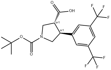 Boc-(+/-)-트랜스-4-(3,5-비스(트리플루오로메틸)-페닐)-피롤리딘-3-카르복실산 구조식 이미지