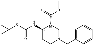 trans-Methyl 1-benzyl-4-((tert-butoxycarbonyl)aMino)piperidine-3-carboxylate 구조식 이미지