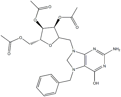 (2R,3R,4S)-2-(acetoxyMethyl)-5-((2-aMino-7-benzyl-6-hydroxy-7H-purin-9(8H)-yl)Methyl)tetrahydrofuran-3,4-diyl diacetate 구조식 이미지