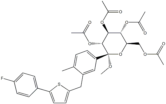 (2S,3R,4S,5R,6R)-6-(acetoxyMethyl)-2-(3-((5-(4-fluorophenyl)thiophen-2-yl)Methyl)-4-Methylphenyl)-2-Methoxytetrahydro-2H-pyran-3,4,5-triyl triacetate 구조식 이미지