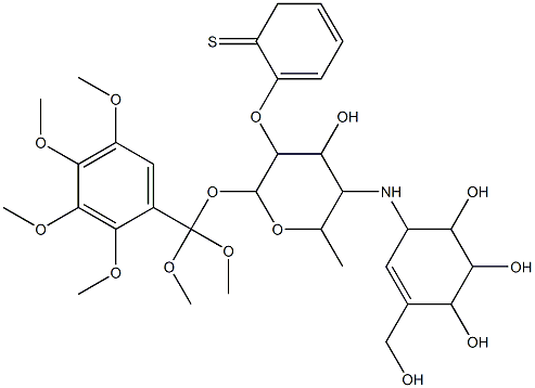 Tetrahydro-6-Methyl-5-[[4,5,6-trihydroxy-3-(hydroxyMethyl)-2-cyclohexen-1-yl]aMino]-2H-Pyran-2,3,4-triol Thiophenyl HexaMethoxybenzyl Ether 구조식 이미지