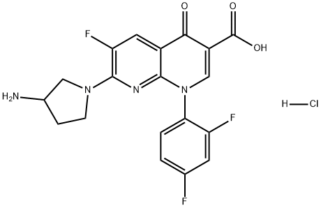 1,8-Naphthyridine-3-carboxylic acid, 7-(3-amino-1-pyrrolidinyl)-1-(2,4-difluorophenyl)-6-fluoro-1,4-dihydro-4-oxo-, hydrochloride (1:1) 구조식 이미지