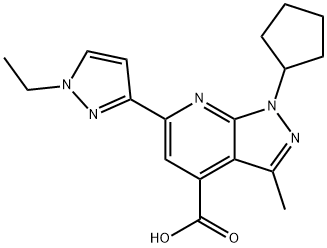 1-Cyclopentyl-6-(1-ethyl-1H-pyrazol-3-yl)-3-methyl-1H-pyrazolo[3,4-b]pyridine-4-carboxylic acid 구조식 이미지