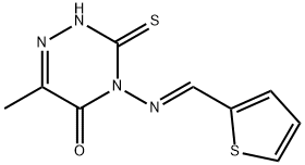 (E)-6-methyl-4-((thiophen-2-ylmethylene)amino)-3-thioxo-3,4-dihydro-1,2,4-triazin-5(2H)-one Structure