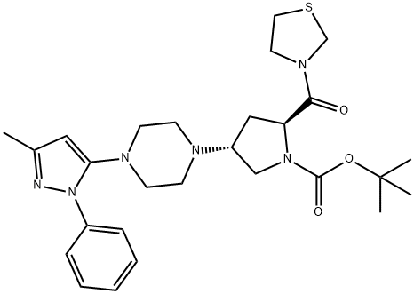 1-Pyrrolidinecarboxylic acid, 4-[4-(3-methyl-1-phenyl-1H-pyrazol-5-yl)-1-piperazinyl]-2-(3-thiazolidinylcarbonyl)-, 1,1-dimethylethyl ester, (2S,4R)- Structure