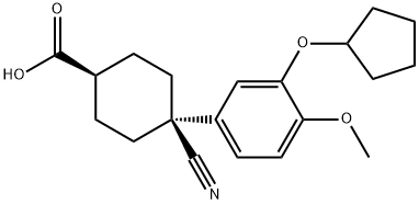 trans-4-Cyano-4-[3-(cyclopentyloxy)-4-methoxyphenyl]cyclohexanecarboxylic acid 구조식 이미지