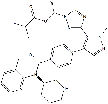 (1R)-1-[5-(1-methyl-4-{4-[(3-methylpyridin-2-yl)[(3R)-piperidin-3-yl]carbamoyl]phenyl}-1H-pyrazol-5-yl)-2H-1,2,3,4-tetrazol-2-yl]ethyl 2-methylpropanoate 구조식 이미지