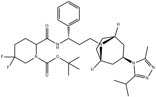 tert-butyl 5,5-difluoro-2-((S)-3-((1S,3R,5R)-3-(3-isopropyl-5-methyl-4H-1,2,4-triazol-4-yl)-8-aza-bicyclo[3.2.1]octan-8-yl)-1-phenylpropylcarbamoyl)piperidine-1-carboxylate 구조식 이미지