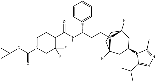 tert-butyl 3,3-difluoro-4-((S)-3-((1S,3R,5R)-3-(3-isopropyl-5-methyl-4H-1,2,4-triazol-4-yl)-8-aza-bicyclo[3.2.1]octan-8-yl)-1-phenylpropylcarbamoyl)piperidine-1-carboxylate Structure