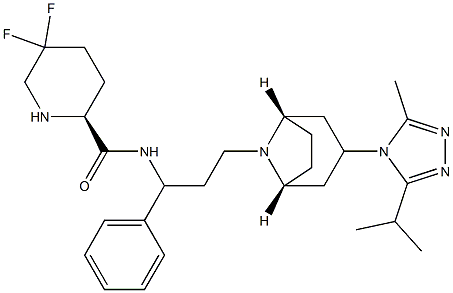 5,5-difluoro-N-((S)-3-((1S,3R,5R)-3-(3-isopropyl-5-methyl-4H-1,2,4-triazol-4-yl)-8-aza-bicyclo[3.2.1]octan-8-yl)-1-phenylpropyl)piperidine-2-carboxamide 구조식 이미지