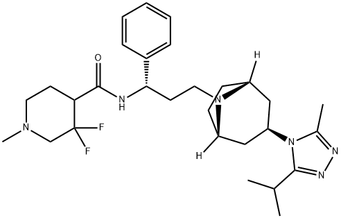 3,3-difluoro-N-((S)-3-((1S,3R,5R)-3-(3-isopropyl-5-methyl-4H-1,2,4-triazol-4-yl)-8-aza-bicyclo[3.2.1]octan-8-yl)-1-phenylpropyl)-1-methylpiperidine-4-carboxamide 구조식 이미지