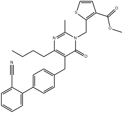 Methyl 2-((4-butyl-5-((2'-cyano-[1,1'-biphenyl]-4-yl)methyl)-2-methyl-6-oxopyrimidin-1(6H)-yl)methyl)thiophene-3-carboxylate 구조식 이미지