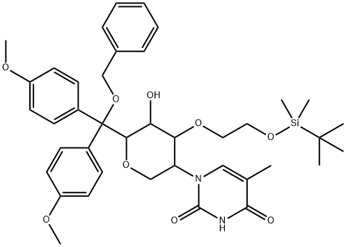 1-(6-((Benzyloxy)bis(4-methoxyphenyl)methyl)-4-(2-((tert-butyldimethylsilyl)oxy)ethoxy)-5-hydroxytetrahydro-2H-pyran-3-yl)-5-methylpyrimidine-2,4(1H,3H)-dione Structure