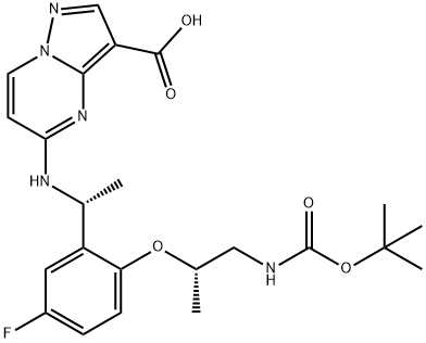 5-(((R)-1-(2-(((S)-1-((tert-butoxycarbonyl)amino)propan-2-yl)oxy)-5-fluorophenyl)ethyl)amino)pyrazolo[1,5-a]pyrimidine-3-carboxylic acid Structure