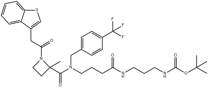 tert-butyl (3-(4-(1-(2-(benzo[b]thiophen-3-yl)acetyl)-2-methyl-N-(4-(trifluoromethyl)benzyl)azetidine-2-carboxamido)butanamido)propyl)carbamate Structure