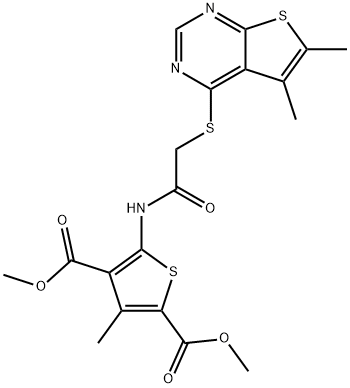 dimethyl 5-(2-((5,6-dimethylthieno[2,3-d]pyrimidin-4-yl)thio)acetamido)-3-methylthiophene-2,4-dicarboxylate Structure