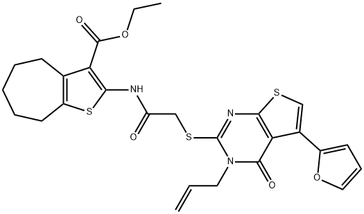 ethyl 2-(2-((3-allyl-5-(furan-2-yl)-4-oxo-3,4-dihydrothieno[2,3-d]pyrimidin-2-yl)thio)acetamido)-5,6,7,8-tetrahydro-4H-cyclohepta[b]thiophene-3-carboxylate Structure