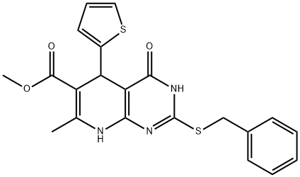 methyl 2-(benzylthio)-7-methyl-4-oxo-5-(thiophen-2-yl)-3,4,5,8-tetrahydropyrido[2,3-d]pyrimidine-6-carboxylate Structure