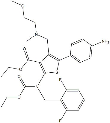 ethyl 5-(4-aminophenyl)-2-((2,6-difluorobenzyl)(ethoxycarbonyl)amino)-4-(((2-methoxyethyl)(methyl)amino)methyl)thiophene-3-carboxylate 구조식 이미지