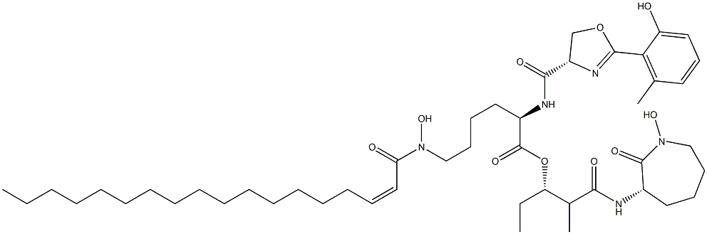 L-Lysine,N2-[[(4S)-4,5-dihydro-2-(2-hydroxy-6-methylphenyl)-4-oxazolyl]carbonyl]-N6-hydroxy-N6-[(2Z)-1-oxo-2-octadecen-1-yl]-,(1S,2R)-1-ethyl-3-[[(3S)-hexahydro-1-hydroxy-2-oxo-1H-azepin-3-yl]amino]-2-methyl-3-oxopropylester 구조식 이미지