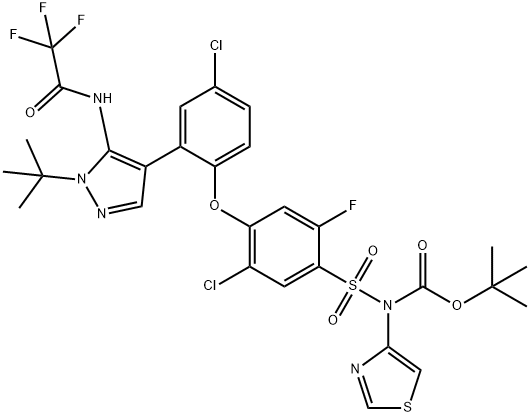 tert-butyl ((4-(2-(1-(tert-butyl)-5-(2,2,2-trifluoroacetamido)-1H-pyrazol-4-yl)-4-chlorophenoxy)-5-chloro-2-fluorophenyl)sulfonyl)(thiazol-4-yl)carbamate Structure