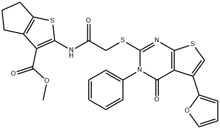 methyl 2-(2-((5-(furan-2-yl)-4-oxo-3-phenyl-3,4-dihydrothieno[2,3-d]pyrimidin-2-yl)thio)acetamido)-5,6-dihydro-4H-cyclopenta[b]thiophene-3-carboxylate Structure