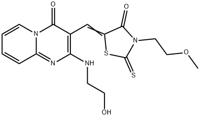 (Z)-5-((2-((2-hydroxyethyl)amino)-4-oxo-4H-pyrido[1,2-a]pyrimidin-3-yl)methylene)-3-(2-methoxyethyl)-2-thioxothiazolidin-4-one 구조식 이미지