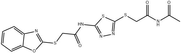 N-(5-{[2-(acetylamino)-2-oxoethyl]sulfanyl}-1,3,4-thiadiazol-2-yl)-2-(1,3-benzoxazol-2-ylsulfanyl)acetamide 구조식 이미지