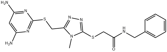 N-benzyl-2-[[5-[(4,6-diaminopyrimidin-2-yl)sulfanylmethyl]-4-methyl-1,2,4-triazol-3-yl]sulfanyl]acetamide 구조식 이미지