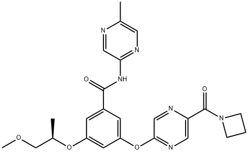 Benzamide,3-[[5-(1-azetidinylcarbonyl)-2-pyrazinyl]oxy]-5-[(1R)-2-methoxy-1-methylethoxy]-N-(5-methyl-2-pyrazinyl)- Structure