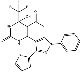 5-acetyl-4-hydroxy-6-(1-phenyl-3-(thiophen-2-yl)-1H-pyrazol-4-yl)-4-(trifluoromethyl)tetrahydropyrimidin-2(1H)-one Structure