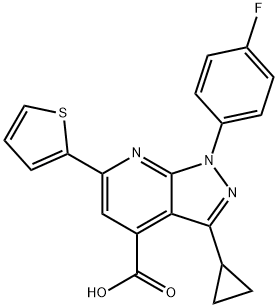 3-Cyclopropyl-1-(4-fluorophenyl)-6-(2-thienyl)pyrazolo[3,4-b]pyridine-4-carboxylic acid 구조식 이미지