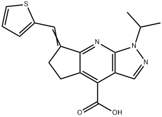 1-Isopropyl-7-thiophen-2-ylmethylene-1,5,6,7-tetrahydro-1,2,8-triaza-s-indacene-4-carboxylic acid 구조식 이미지