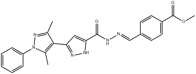 methyl (E)-4-((2-(3,5-dimethyl-1-phenyl-1H,1H-[3,4-bipyrazole]-5-carbonyl)hydrazono)methyl)benzoate Structure