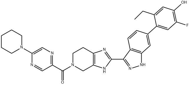 (2-(6-(2-ETHYL-5-FLUORO-4-HYDROXYPHENYL)-1H-INDAZOL-3-YL)-3,4,6,7-TETRAHYDRO-5H-IMIDAZO[4,5-C]PYRIDIN-5-YL)(5-(PIPERIDIN-1-YL)PYRAZIN-2-YL)METHANONE Structure