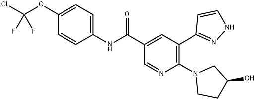 N-[4-(chlorodifluoromethoxy)phenyl]-6-[(3S)-3-hydroxypyrrolidin-1-yl]-5-(1H-pyrazol-3-yl)pyridine-3-carboxamide 구조식 이미지