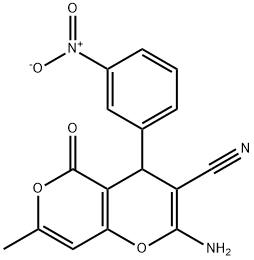 2-amino-7-methyl-4-(3-nitrophenyl)-5-oxo-4H-pyrano[3,2-c]pyran-3-carbonitrile Structure