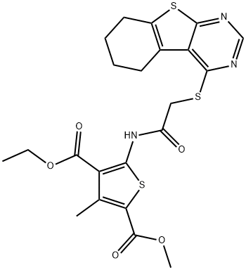 4-ethyl 2-methyl 3-methyl-5-(2-((5,6,7,8-tetrahydrobenzo[4,5]thieno[2,3-d]pyrimidin-4-yl)thio)acetamido)thiophene-2,4-dicarboxylate Structure