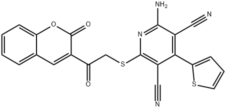 2-amino-6-((2-oxo-2-(2-oxo-2H-chromen-3-yl)ethyl)thio)-4-(thiophen-2-yl)pyridine-3,5-dicarbonitrile 구조식 이미지