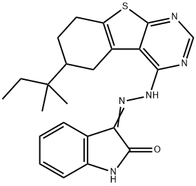 (E)-3-(2-(6-(tert-pentyl)-5,6,7,8-tetrahydrobenzo[4,5]thieno[2,3-d]pyrimidin-4-yl)hydrazono)indolin-2-one 구조식 이미지