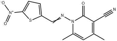 4,6-dimethyl-1-{[(5-nitro-2-thienyl)methylene]amino}-2-oxo-1,2-dihydro-3-pyridinecarbonitrile 구조식 이미지