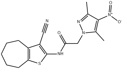 N-(3-cyano-5,6,7,8-tetrahydro-4H-cyclohepta[b]thiophen-2-yl)-2-(3,5-dimethyl-4-nitro-1H-pyrazol-1-yl)acetamide 구조식 이미지