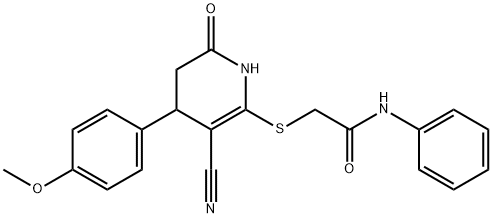 2-((3-cyano-4-(4-methoxyphenyl)-6-oxo-1,4,5,6-tetrahydropyridin-2-yl)thio)-N-phenylacetamide Structure